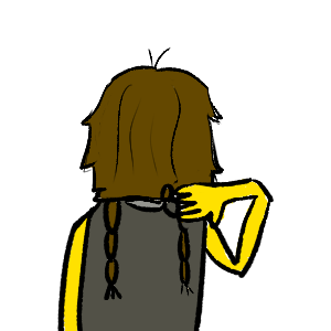 black outlines, a yellow person with brown hair going around to their shoulder with 2 rat tails in braids going down their back thei left arm down and their right holding scissors cutting the back